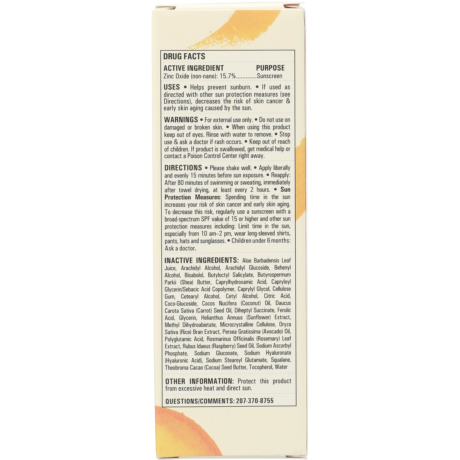 HIP015 | back of sunscreen box showing drug facts, directions, inactive ingredients and contact number