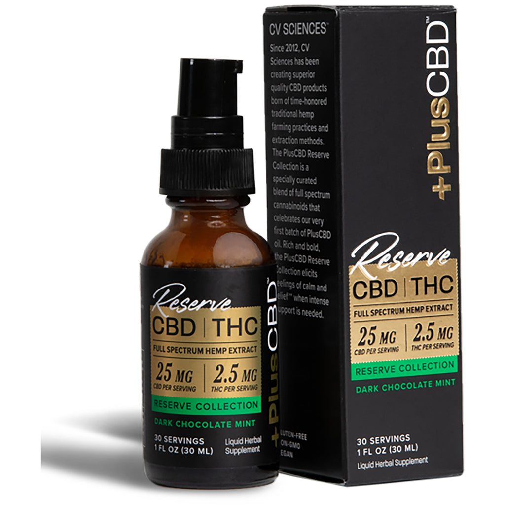 CV040 | amber dropper bottle and box labeled Reserve CBD | THC full spectrum hemp extract, Dark Chocolate Mint - Thumbnail