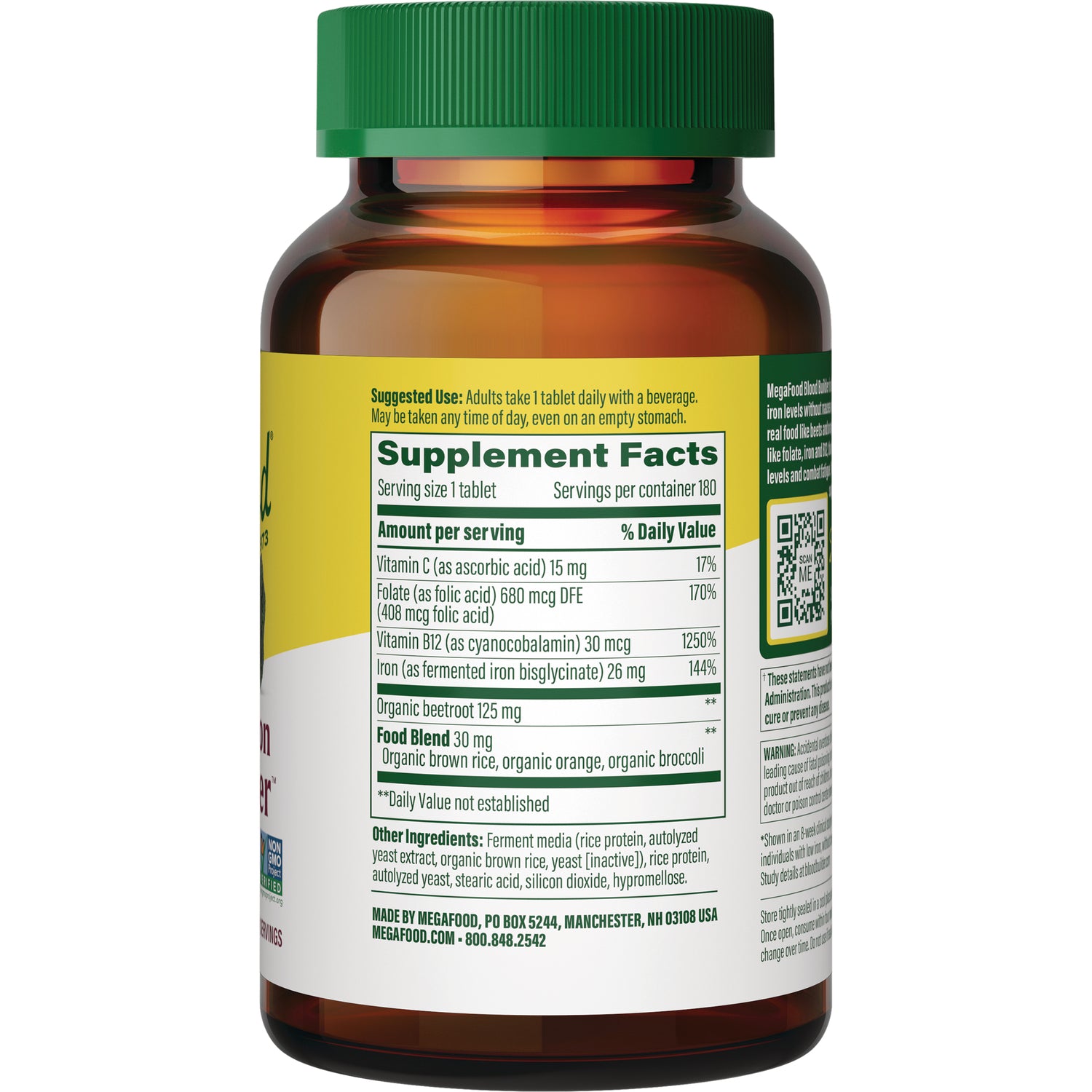 MGF050 | Back of amber supplement bottle showing Supplement Facts panel, ingredients and QR code