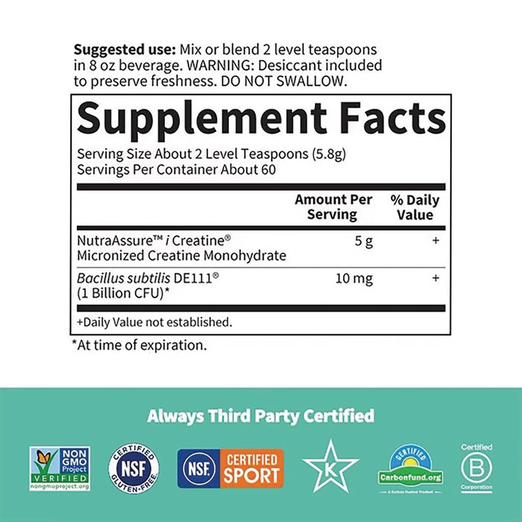 GLF390 | Supplement Facts panel showing suggested use, creatine 5 g, Bacillus subtilis 10 mg, and certification logos - Thumbnail