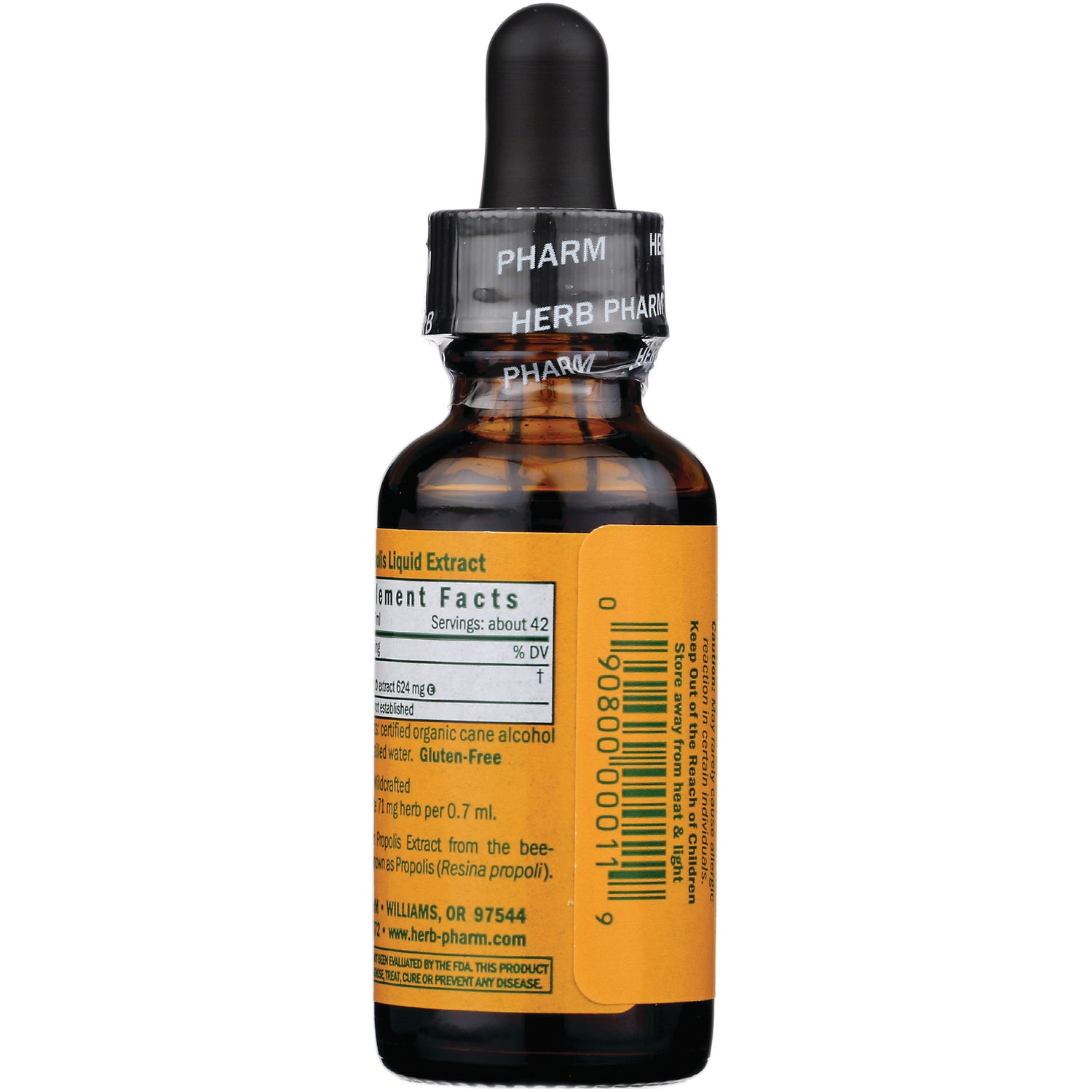 HPH028 | Back of amber dropper bottle showing yellow supplement facts label, barcode, and child-safe cap