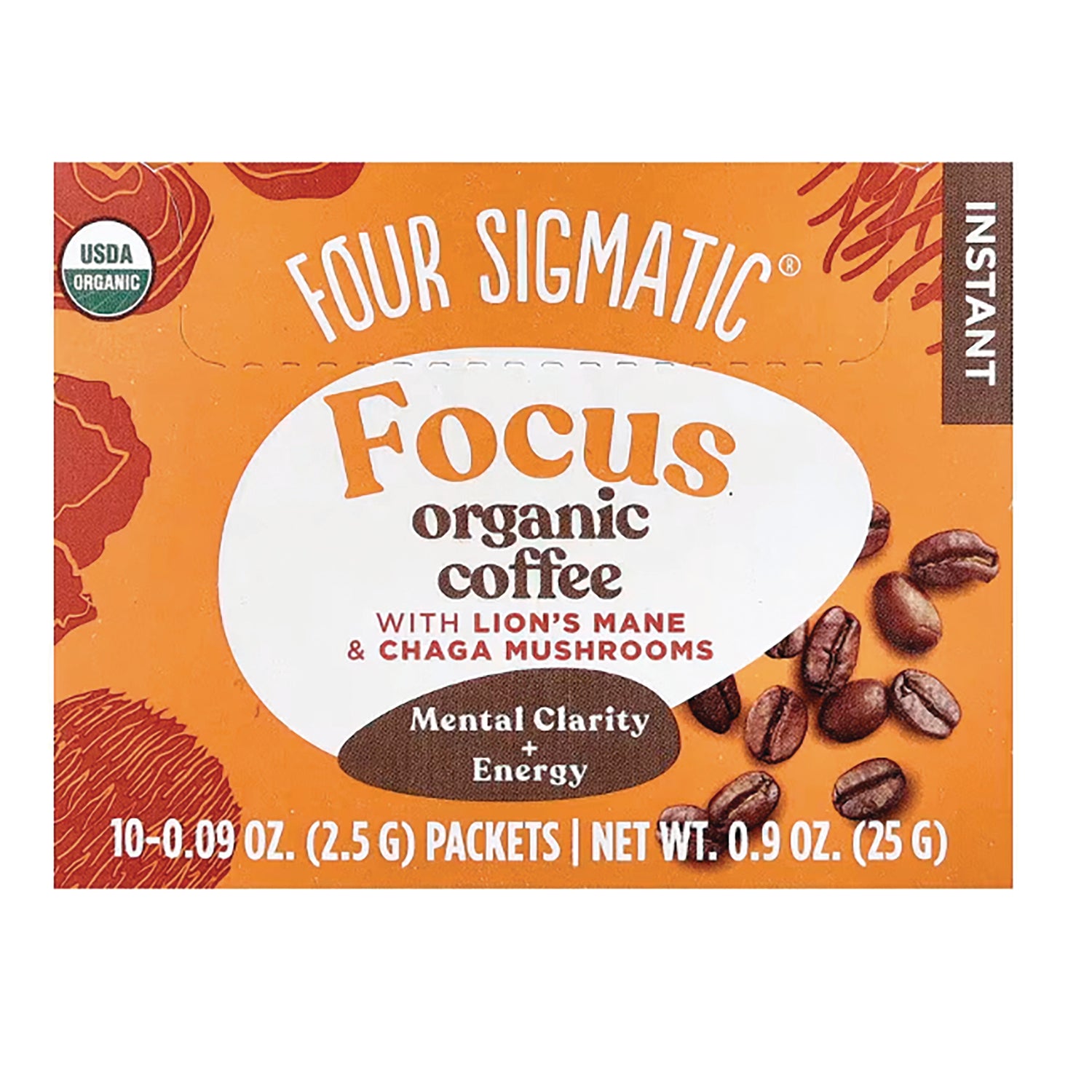 FSF008 | Four Sigmatic Focus organic instant coffee front packaging with lion's mane and chaga mushrooms and scattered coffee beans