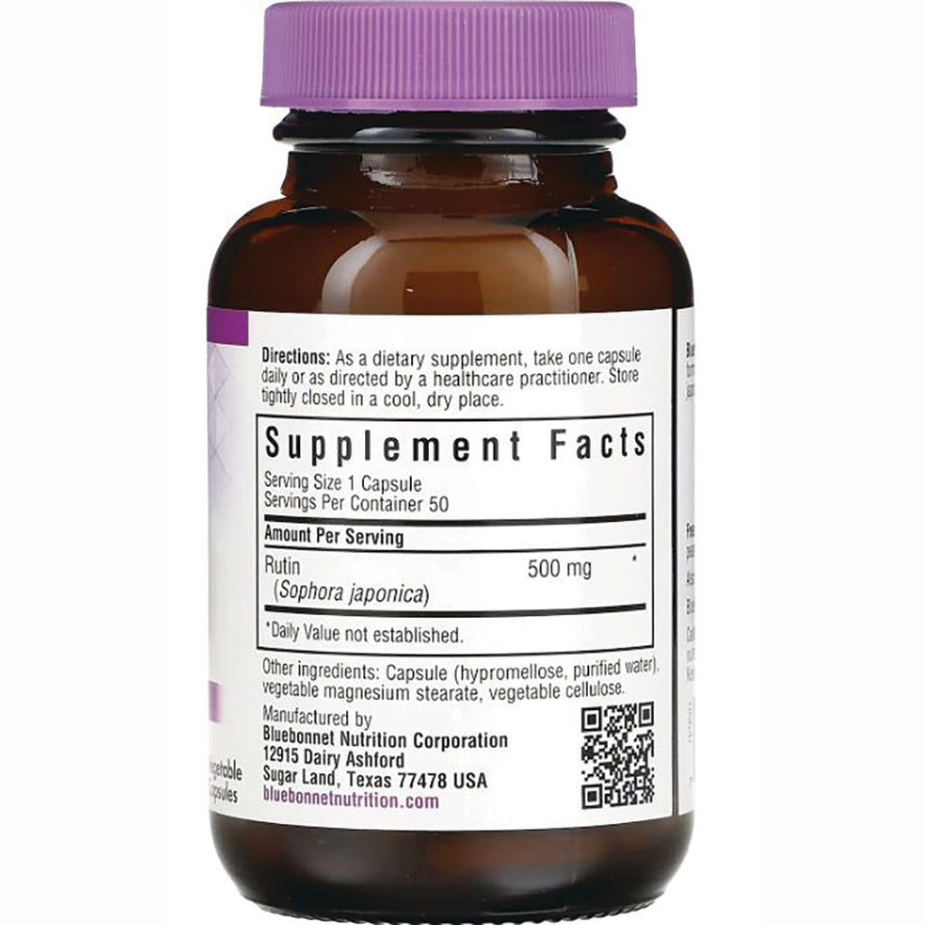 BLU112 | Back label of brown supplement bottle showing Supplement Facts panel and Rutin 500 mg - Thumbnail