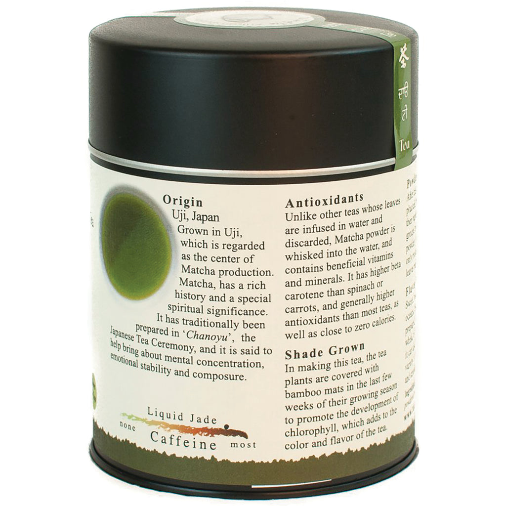 TOT004 | Back label of matcha tea canister with Origin, Antioxidants, Shade Grown text and caffeine scale - Thumbnail