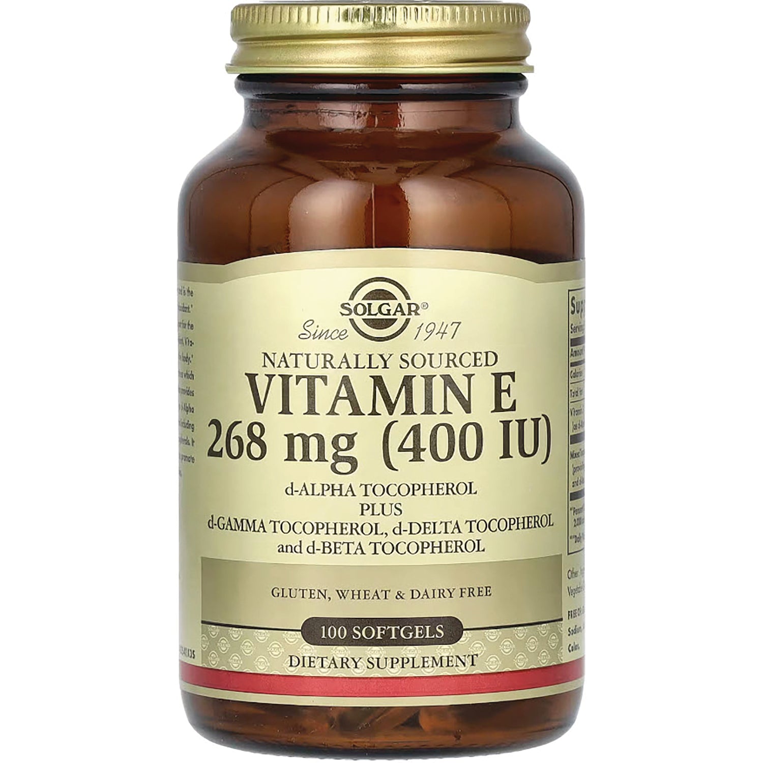 SLG251 | Solgar Vitamin E 268 mg (400 IU) amber bottle labeled 100 softgels