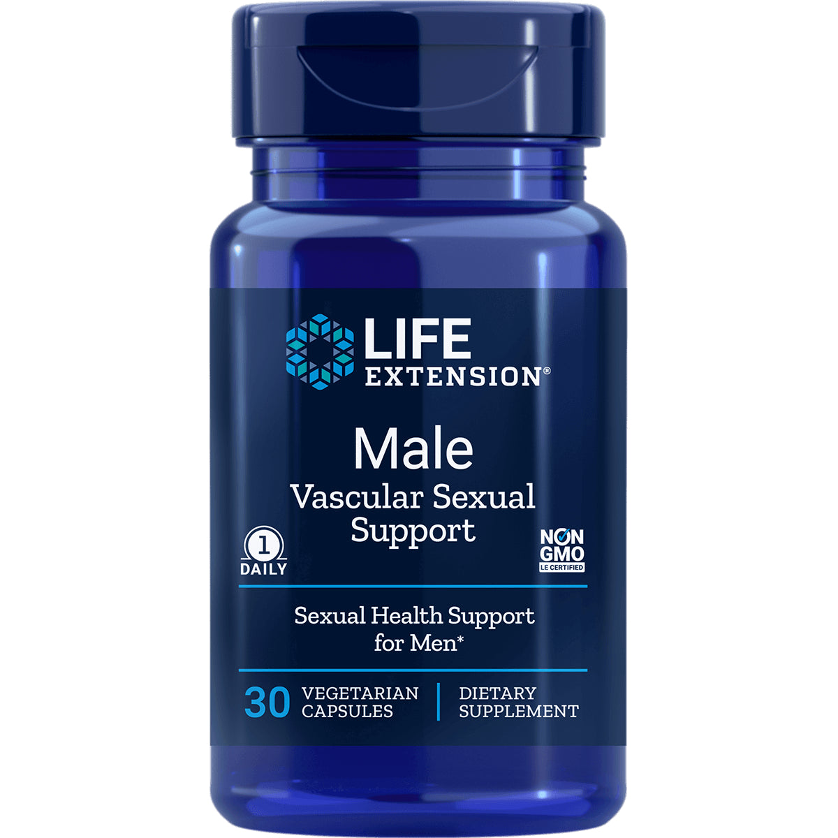 LE455 | Blue bottle labeled LIFE EXTENSION Male Vascular Sexual Support 30 vegetarian capsules dietary supplement