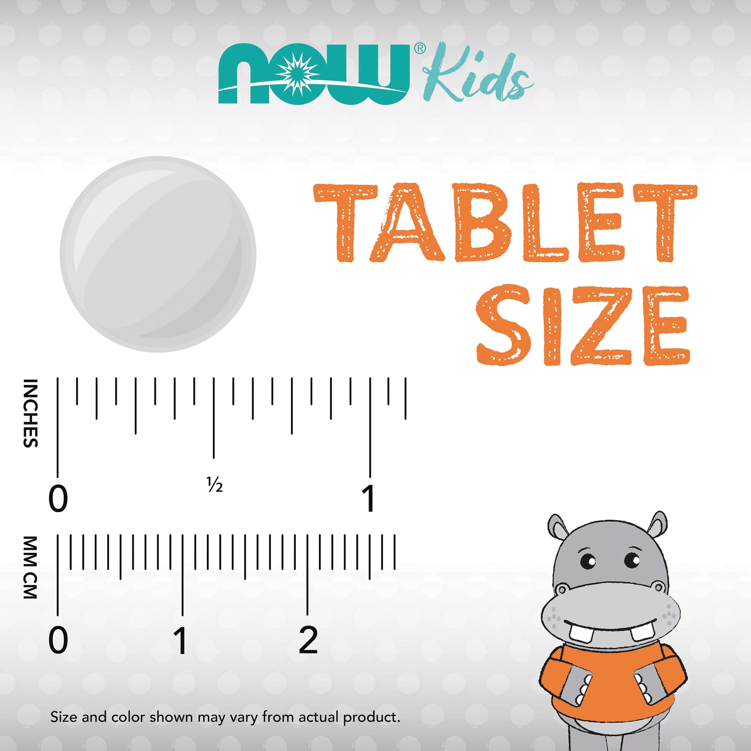 NWF890 | Tablet size guide labeled TABLET SIZE with inch and cm rulers and a cartoon hippo