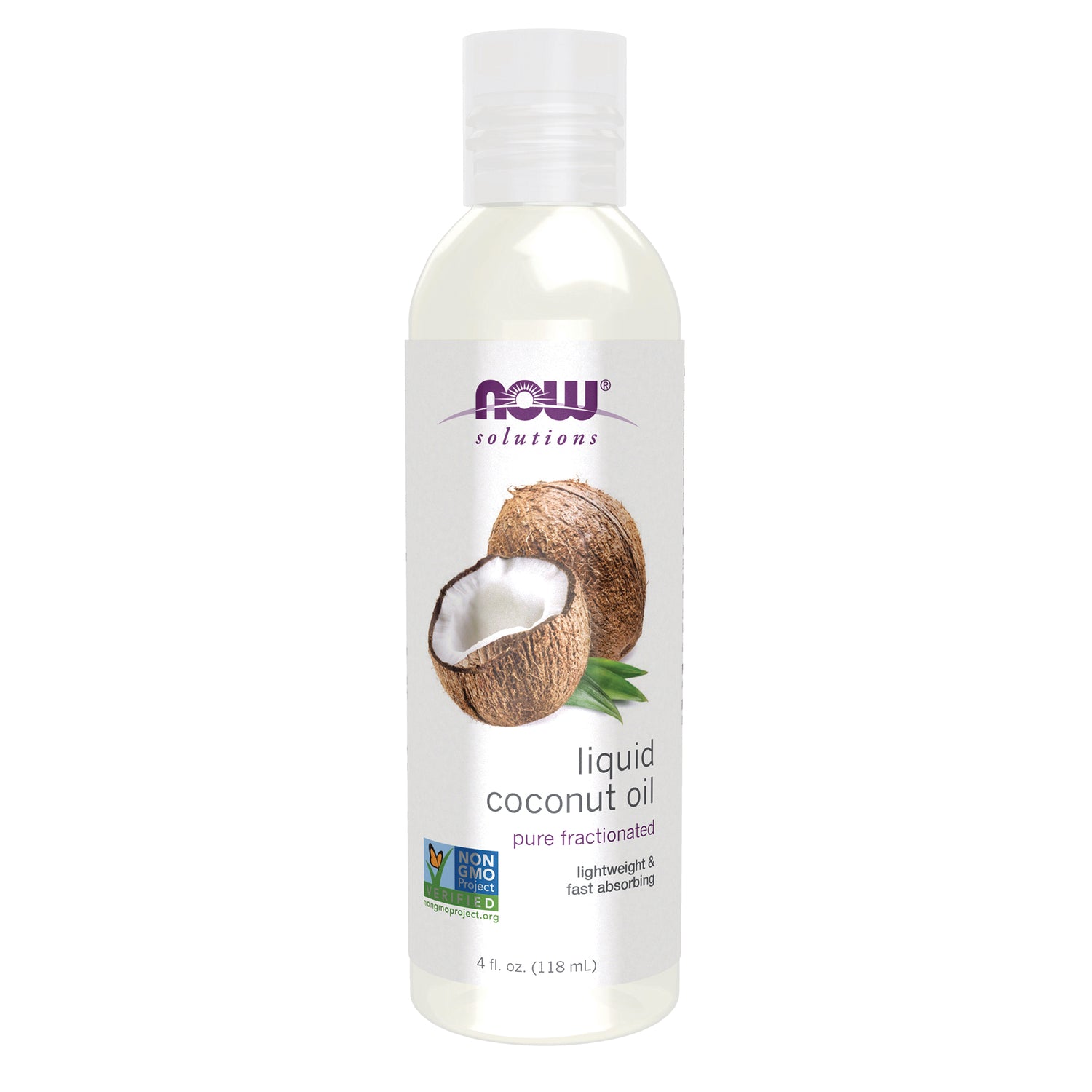 NWF1408 | NOW Solutions liquid coconut oil bottle with coconut image and Non GMO seal, 4 fl oz