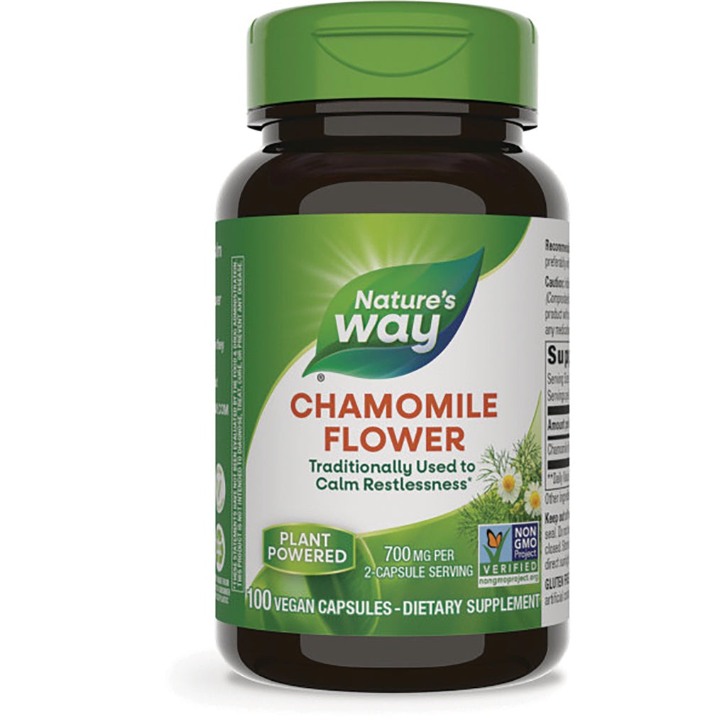 NW930 | Nature's Way Chamomile Flower dietary supplement bottle with green cap, label reading Chamomile Flower and Plant Powered - Thumbnail