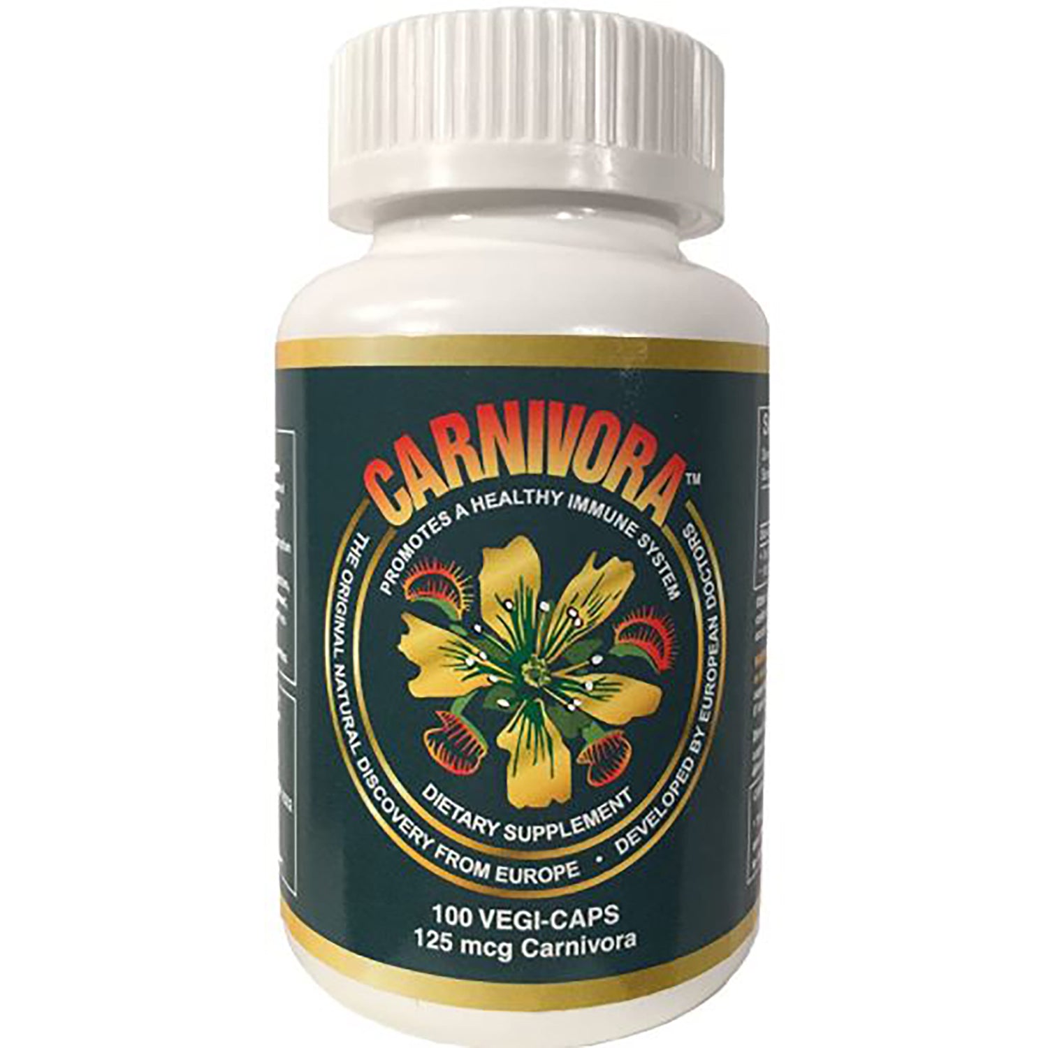CNV003 | White bottle front showing Carnivora dietary supplement with green label, yellow flower logo and packaging text 100 VEGI-CAPS 125 mcg Carnivora