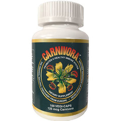 CNV003 | White bottle front showing Carnivora dietary supplement with green label, yellow flower logo and packaging text 100 VEGI-CAPS 125 mcg Carnivora