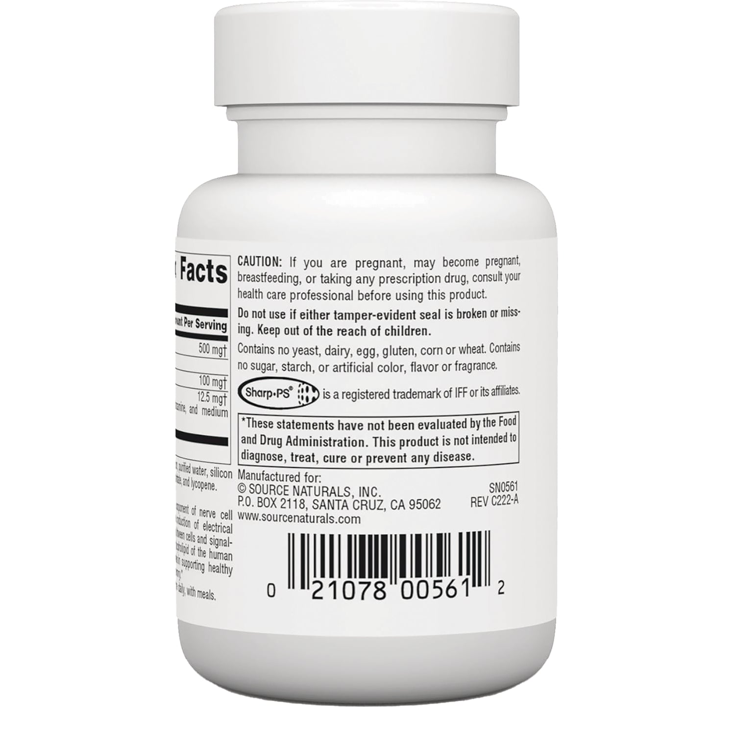 SN261 | Back label with Supplement Facts, caution, ingredients, Source Naturals info, and barcode