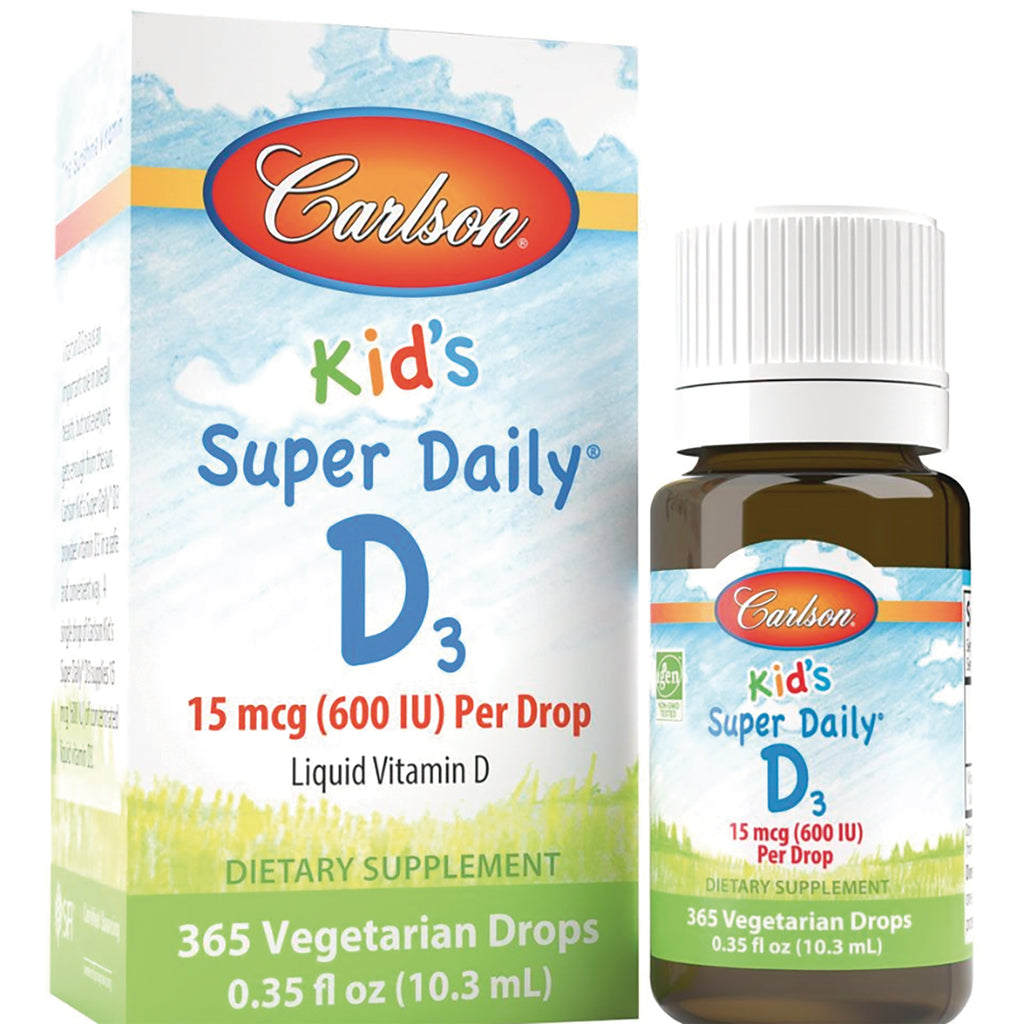 CSN238 | Carlson Kid's Super Daily D3 liquid vitamin bottle and box front showing 15 mcg (600 IU) per drop - Thumbnail