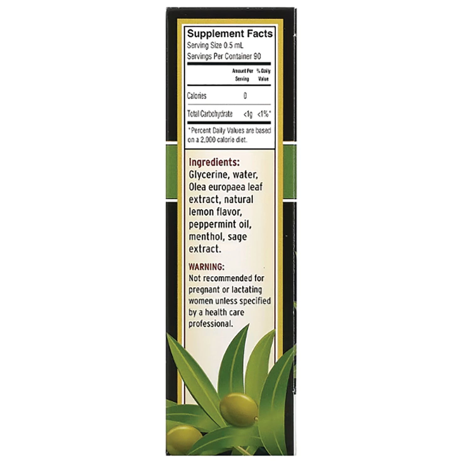 BAR058 | Back panel showing Supplement Facts and ingredients list including Glycerine, water, Olea europaea leaf extract