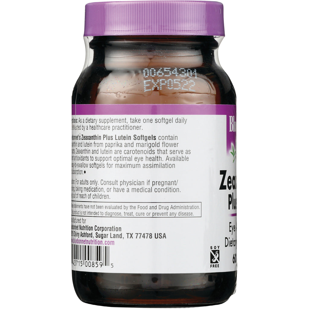 BLU137 | Back label of brown supplement bottle showing Zeaxanthin Plus Lutein Softgels text, barcode, and contact info - Thumbnail