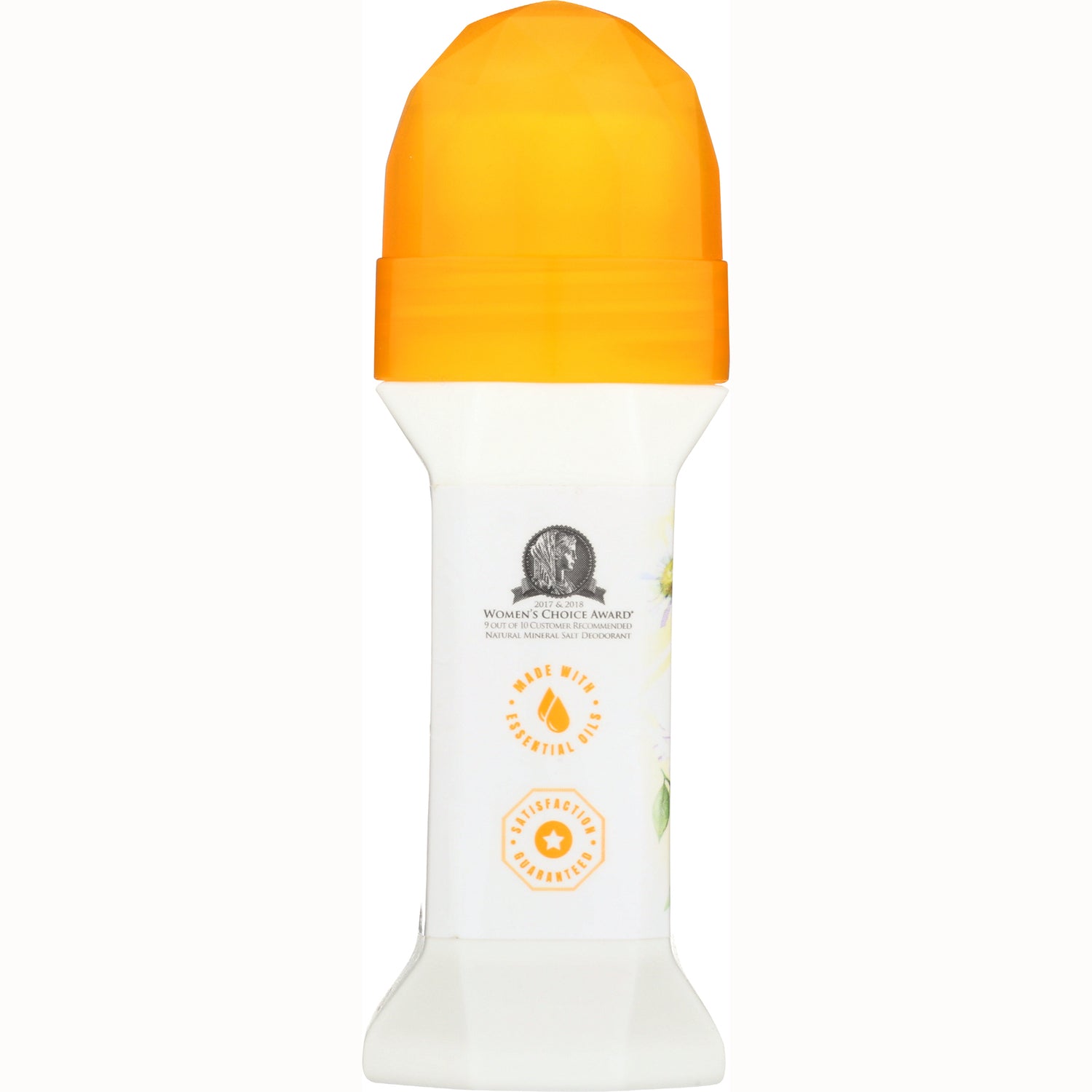 CRY011 | white roll-on deodorant with orange cap and label icons for essential oils and satisfaction guarantee
