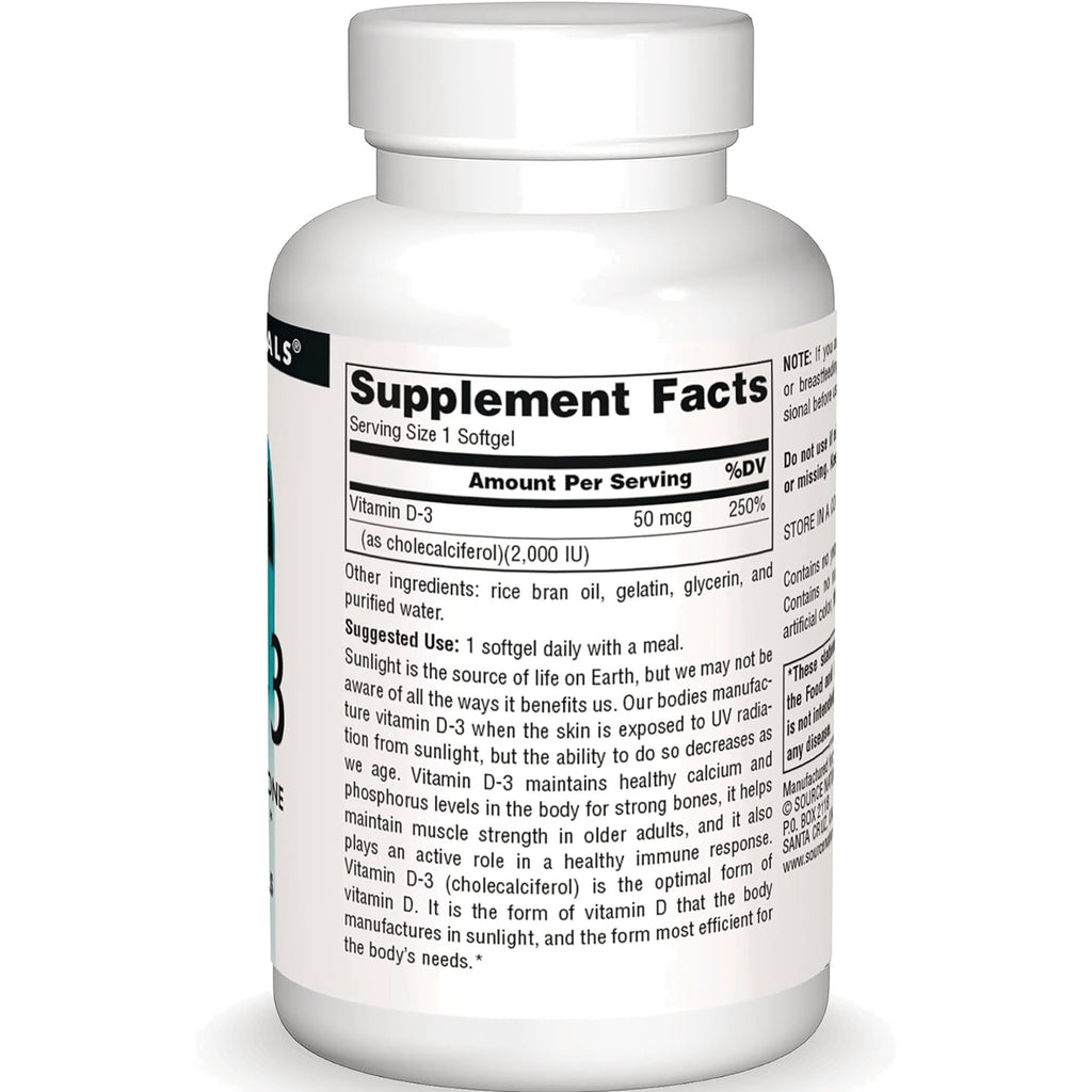 SN322 | Back label with Supplement Facts: Vitamin D-3 50 mcg (2,000 IU), serving size 1 softgel - Thumbnail