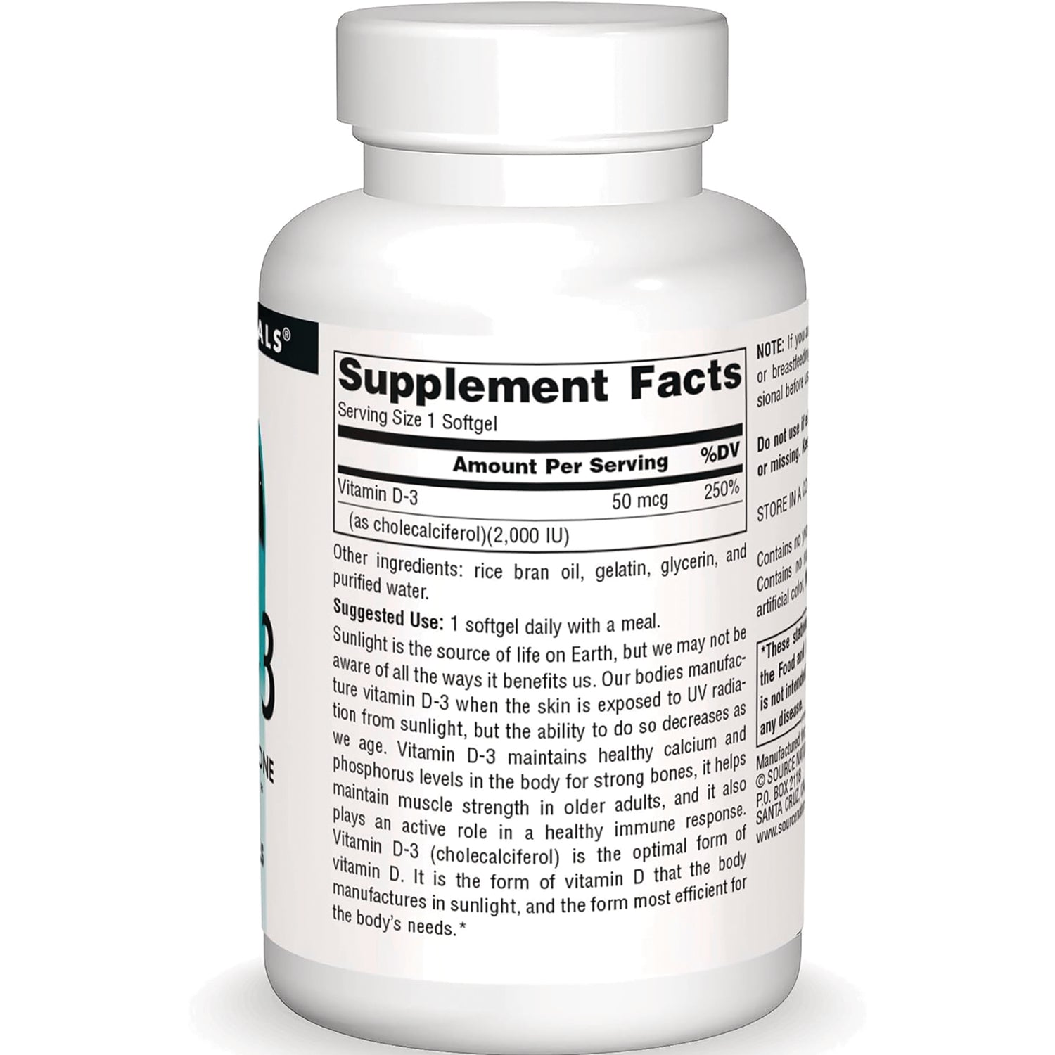 SN322 | Back label with Supplement Facts: Vitamin D-3 50 mcg (2,000 IU), serving size 1 softgel