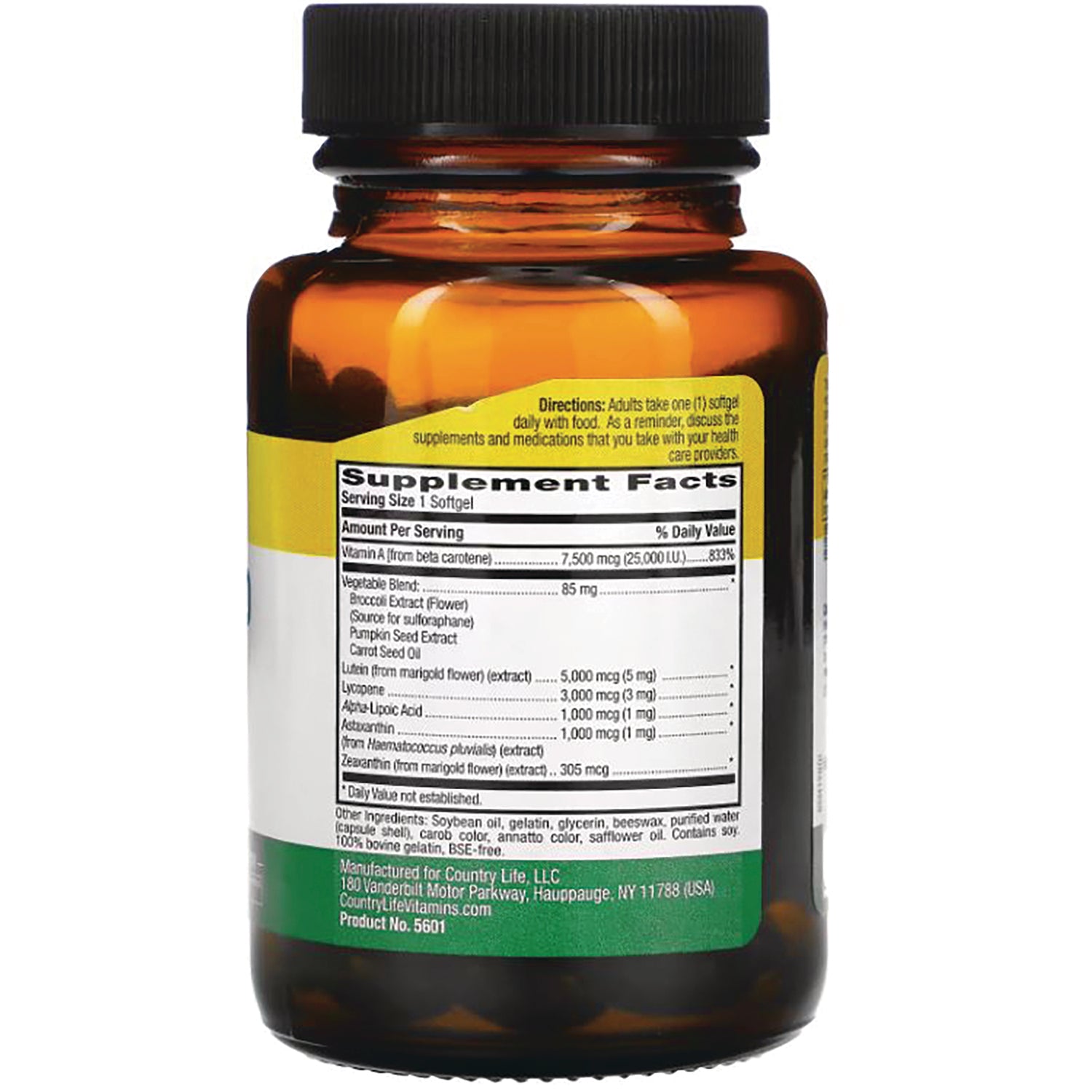 CRL023 | amber supplement bottle back showing Supplement Facts panel, ingredients and directions