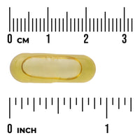 SWE063 | Yellow softgel capsule between centimeter and inch rulers showing 0 cm and 0 inch for size reference