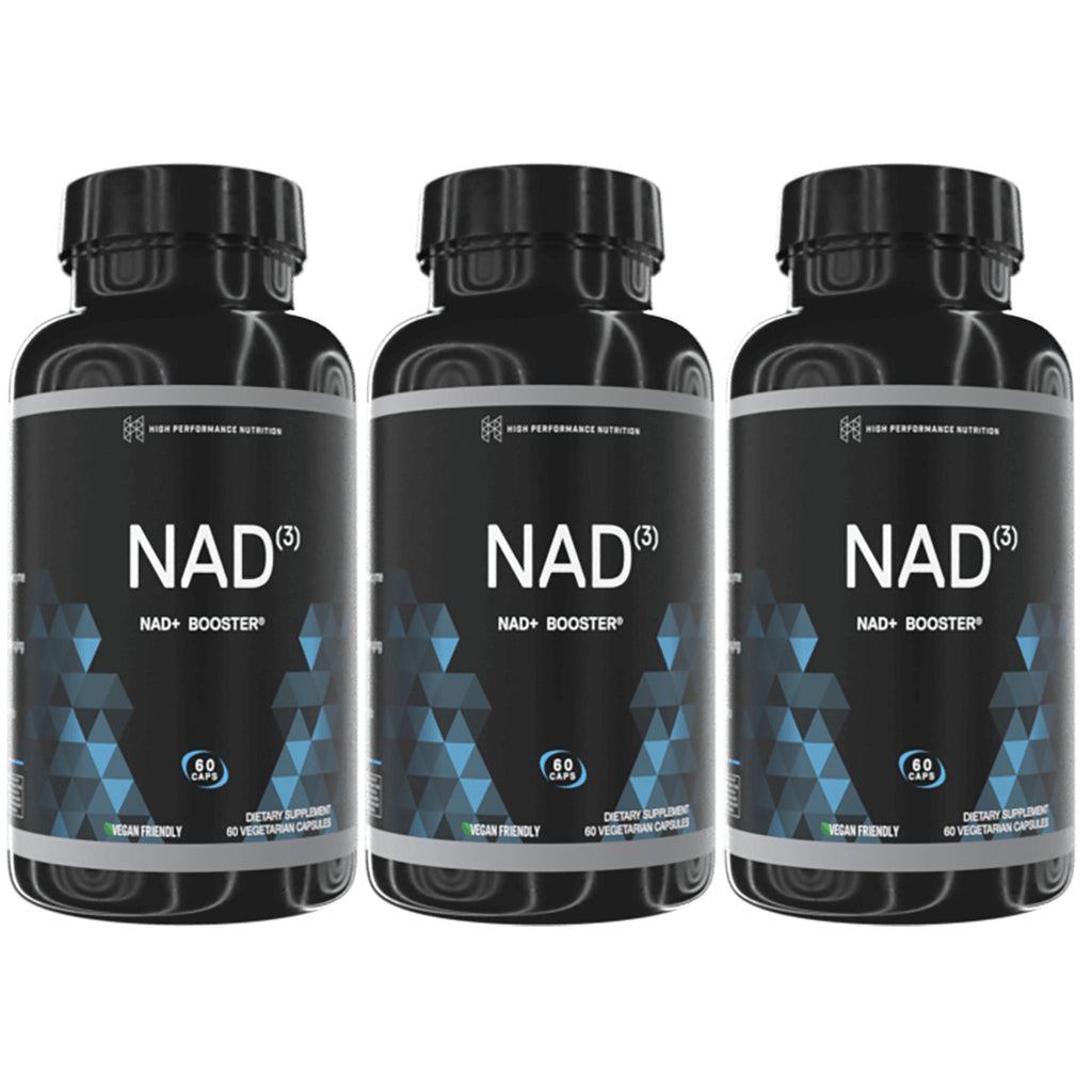 HPN005 | Three black bottles labeled NAD3 NAD+ BOOSTER with blue geometric pattern, 60 capsules, vegan friendly - Thumbnail