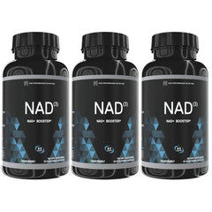 HPN005 | Three black bottles labeled NAD3 NAD+ BOOSTER with blue geometric pattern, 60 capsules, vegan friendly
