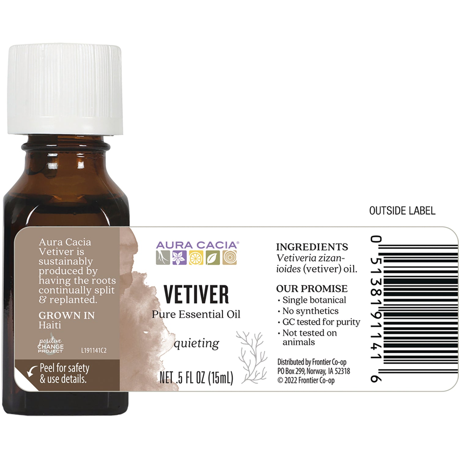 ARC220 | back label of Vetiver pure essential oil bottle showing ingredients, promises, NET .5 FL OZ (15mL) and barcode