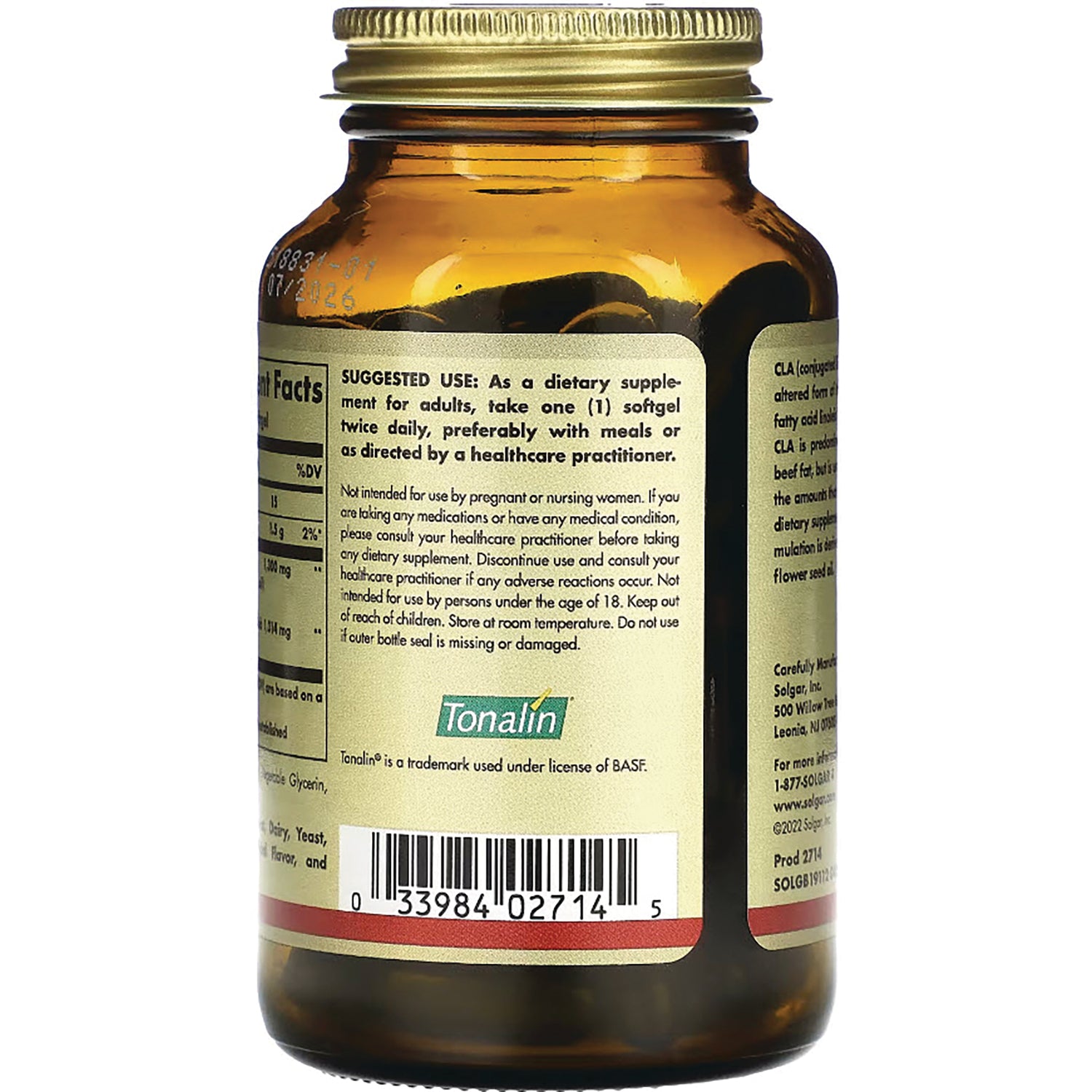 SLG338 | Back of amber supplement bottle showing suggested use text, Tonalin logo and barcode