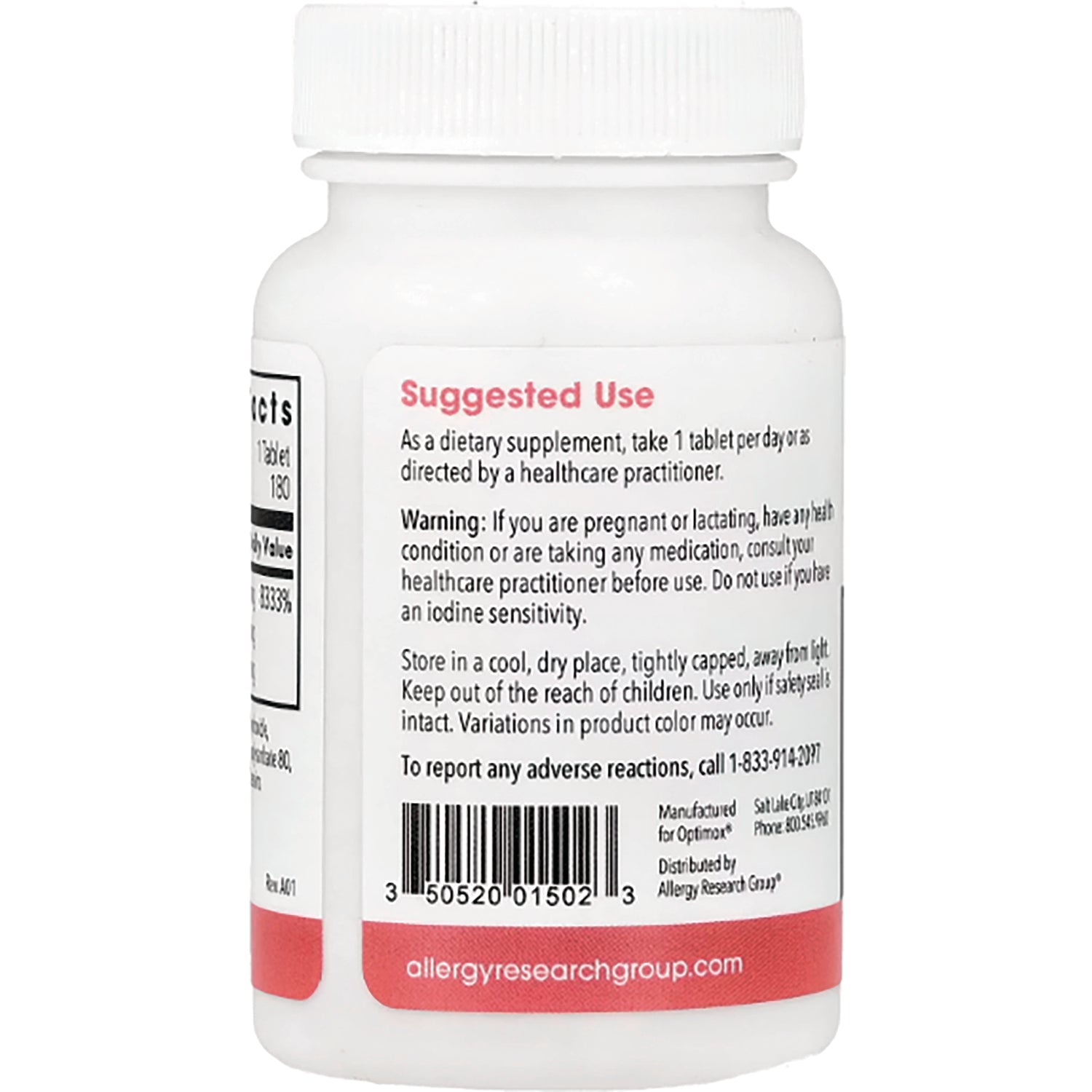 OPC002 | Back label of white supplement bottle showing suggested use, warnings, and barcode