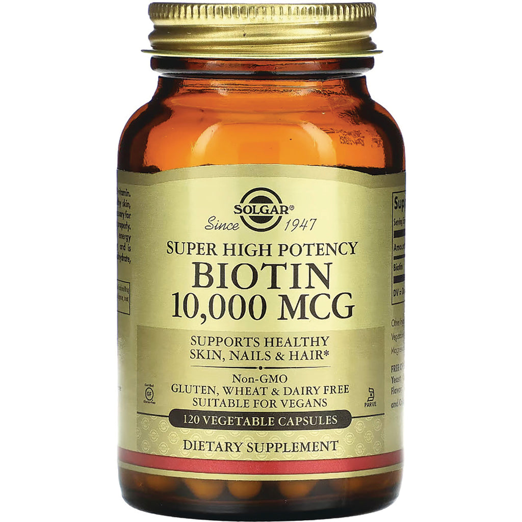 SLG342 | Solgar Super High Potency Biotin 10,000 MCG amber bottle, 120 vegetable capsules dietary supplement - Thumbnail