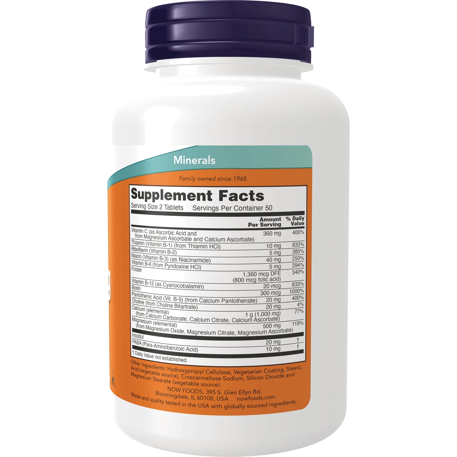 NWF595 | Back of white supplement bottle showing orange Minerals label and Supplement Facts panel