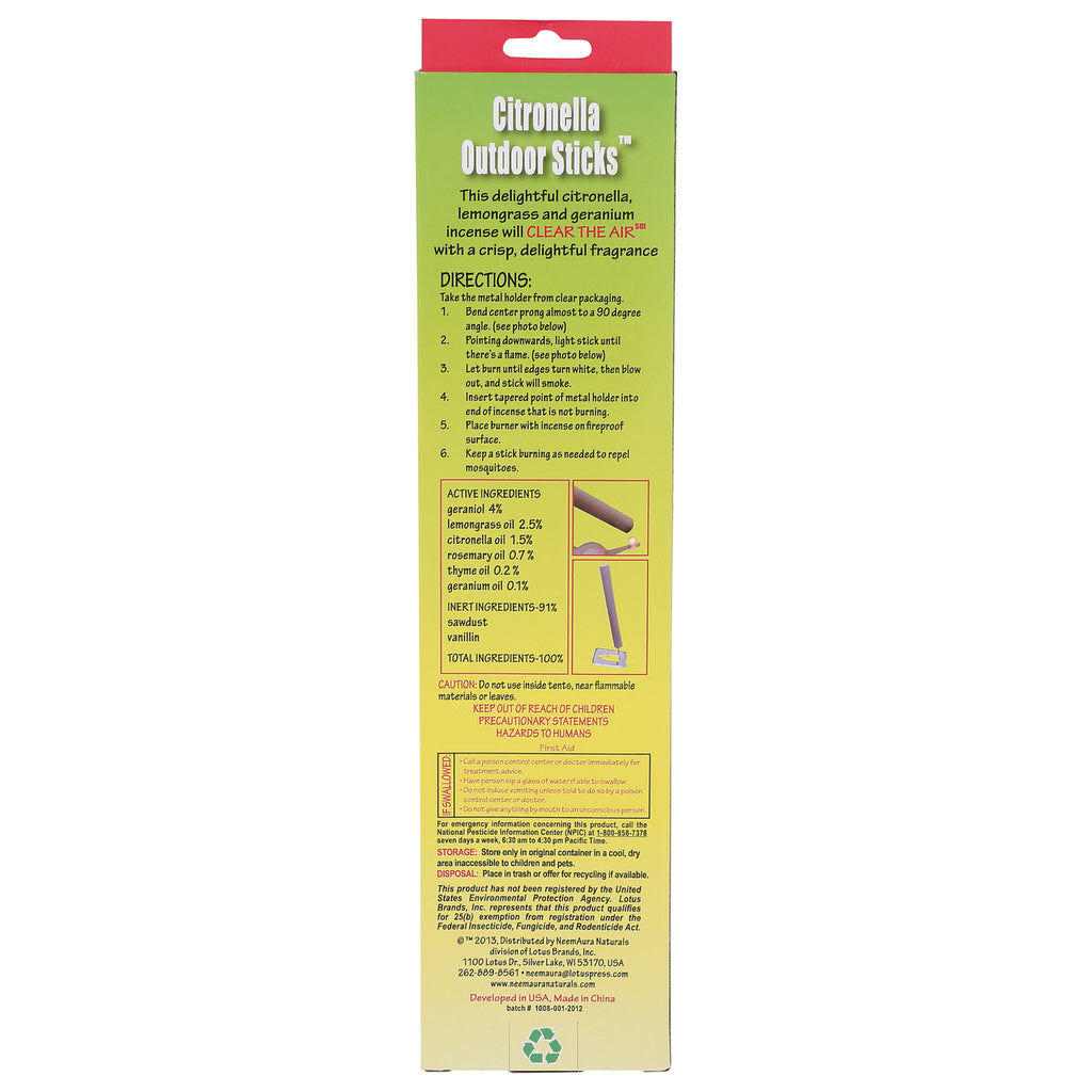 NMA006 | Back of Citronella Outdoor Sticks packaging showing directions, active ingredients and safety warnings - Thumbnail