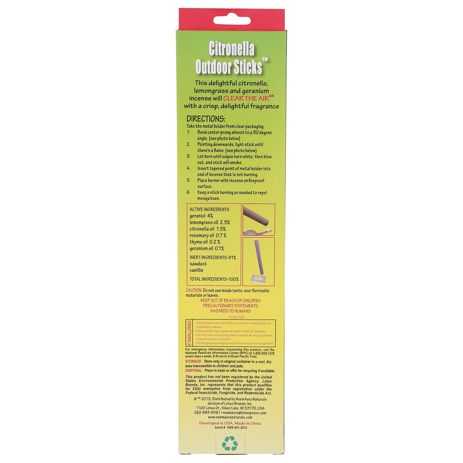 NMA006 | Back of Citronella Outdoor Sticks packaging showing directions, active ingredients and safety warnings