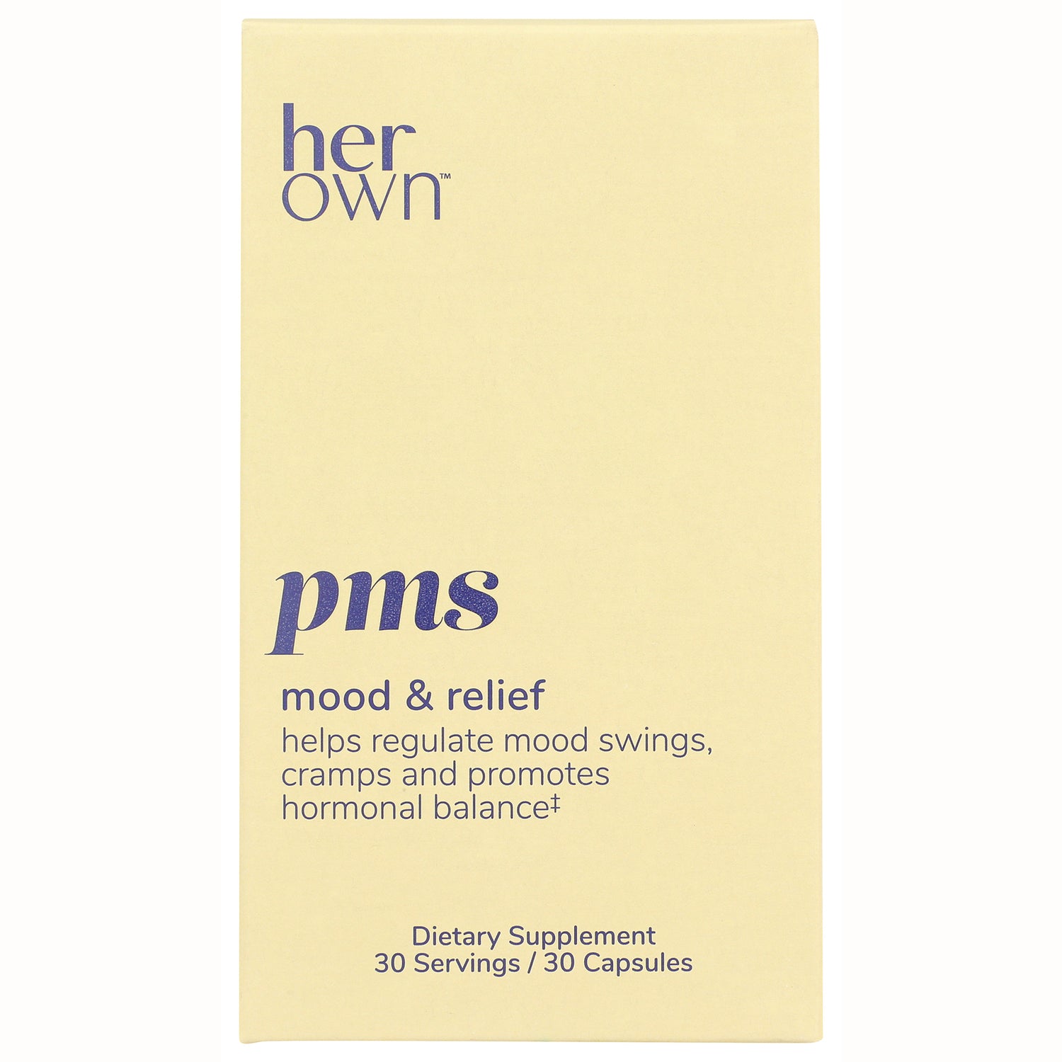 HO003 | her own PMS mood & relief supplement front panel reading mood & relief helps regulate mood swings, 30 capsules