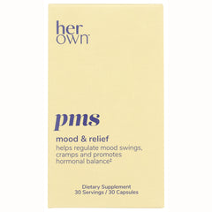 HO003 | her own PMS mood & relief supplement front panel reading mood & relief helps regulate mood swings, 30 capsules