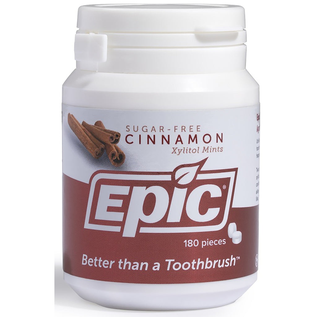 EPI010 | White bottle of Epic sugar-free cinnamon xylitol mints showing front label and 180 pieces - Thumbnail
