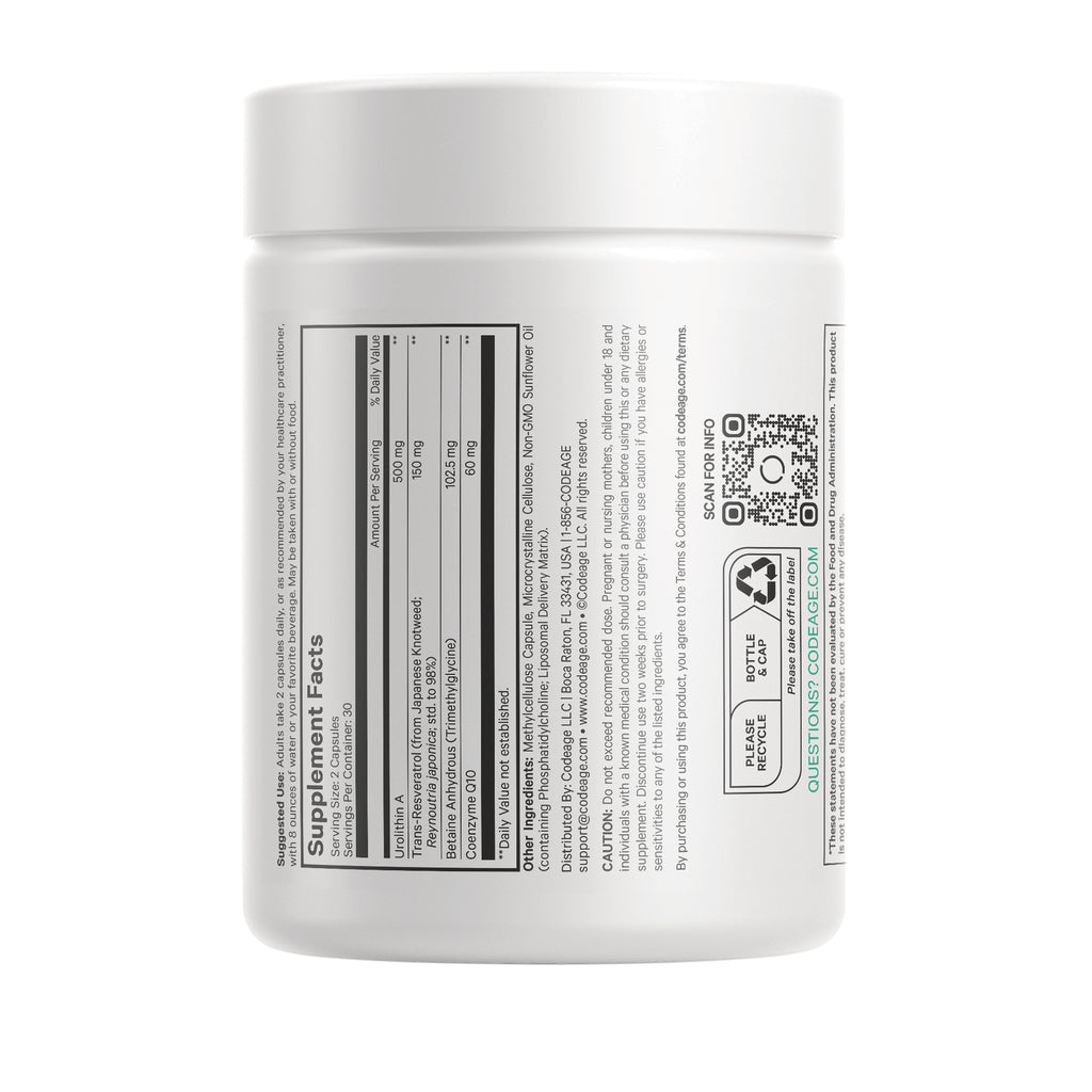 CDG020 | white supplement jar showing back label with Supplement Facts table, QR code, and recycle icons - Thumbnail