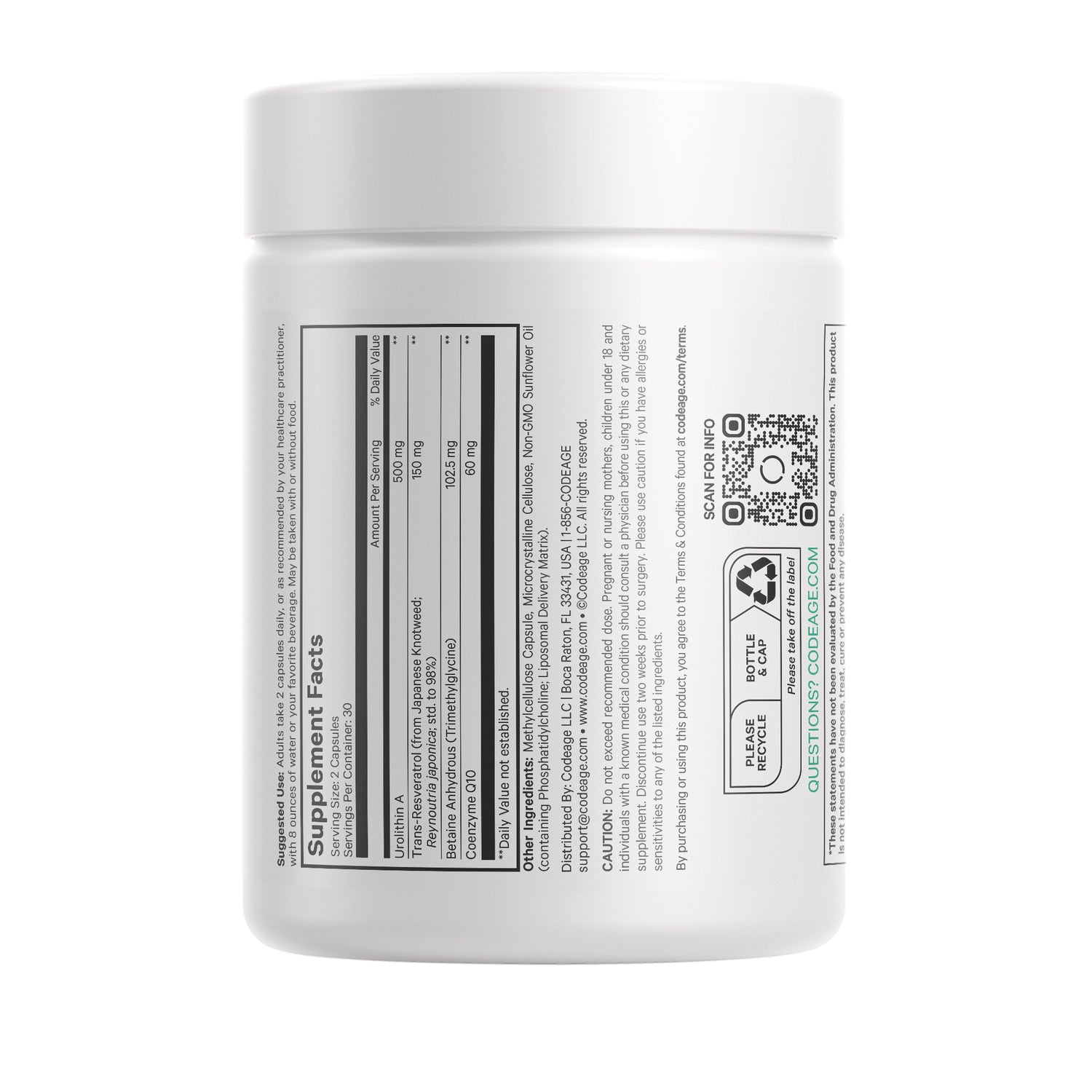 CDG020 | white supplement jar showing back label with Supplement Facts table, QR code, and recycle icons