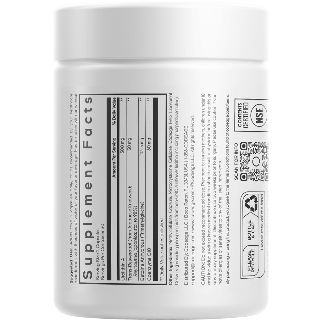 CDG020 | white supplement jar showing back label with Supplement Facts table, QR code, and recycle icons - Thumbnail