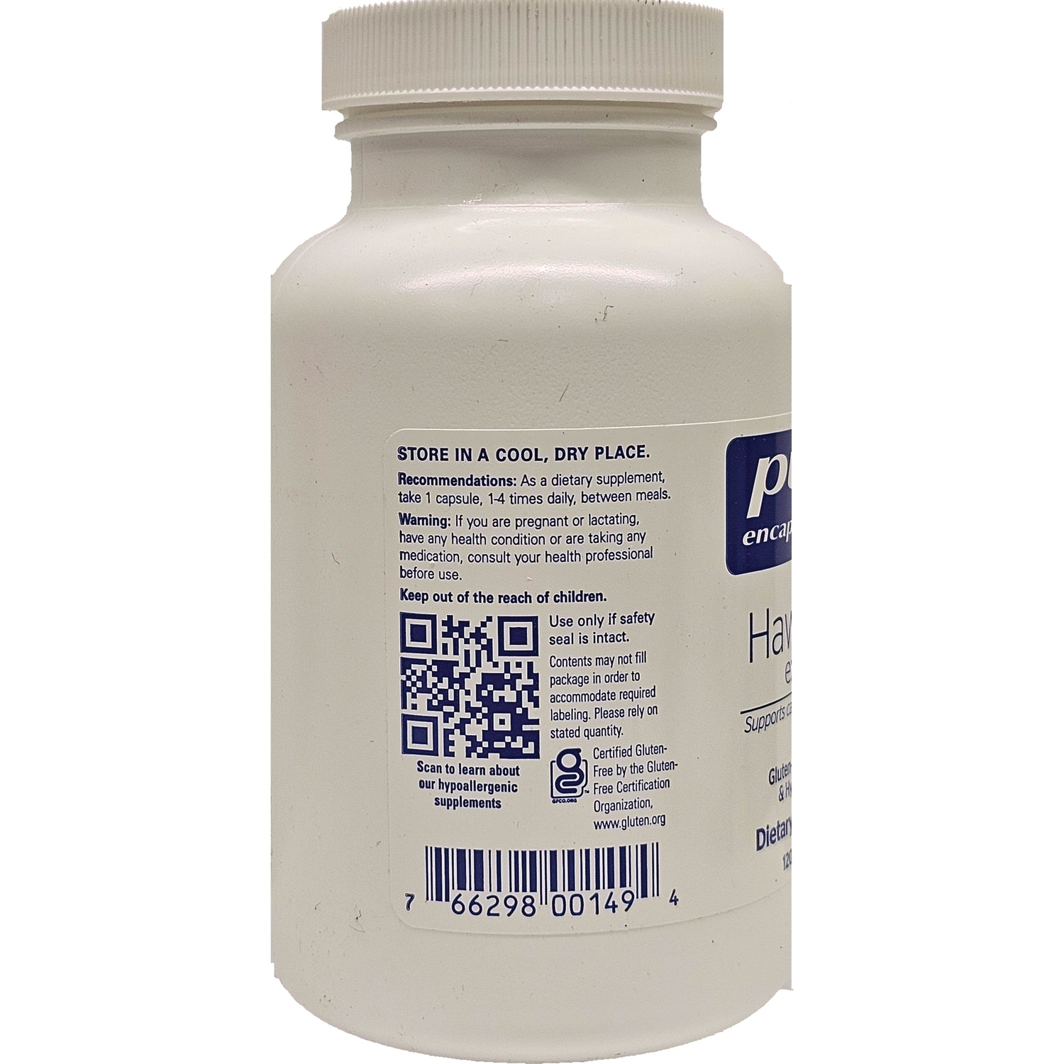 PRN134 | Back label of white supplement bottle showing storage instructions, QR code, and barcode