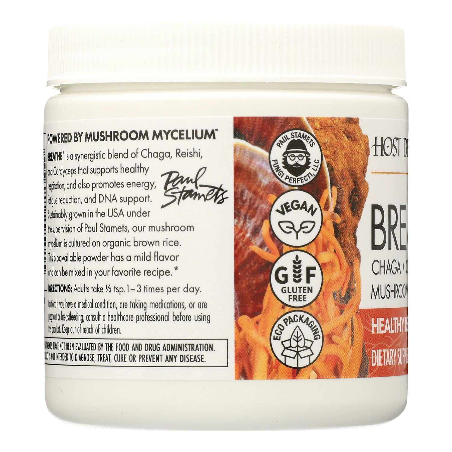 FUN043 | product infographic of jar side label showing mushroom mycelium description and vegan, gluten free, eco packaging badges