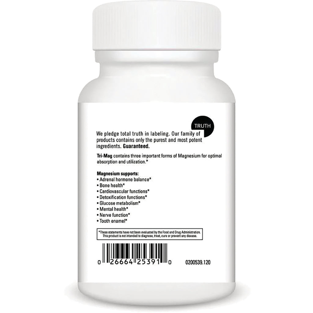 DVL026 | Back label of white supplement bottle showing magnesium benefits text, barcode and small disclaimer - Thumbnail