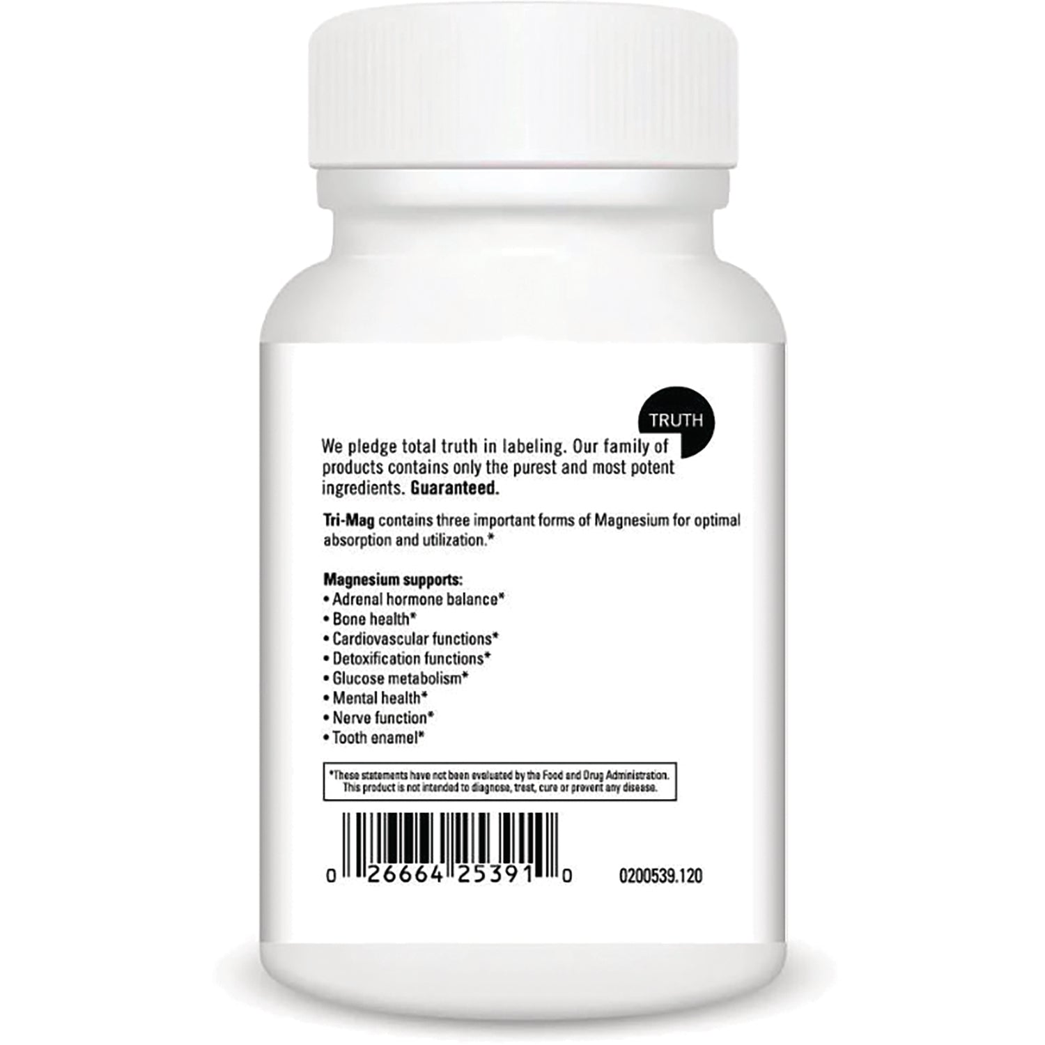 DVL026 | Back label of white supplement bottle showing magnesium benefits text, barcode and small disclaimer