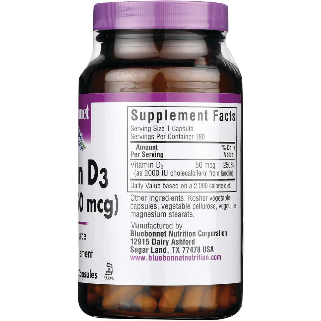 BLU129 | Back label showing Supplement Facts panel for Vitamin D3 50 mcg, other ingredients and manufacturer Bluebonnet Nutrition - Thumbnail