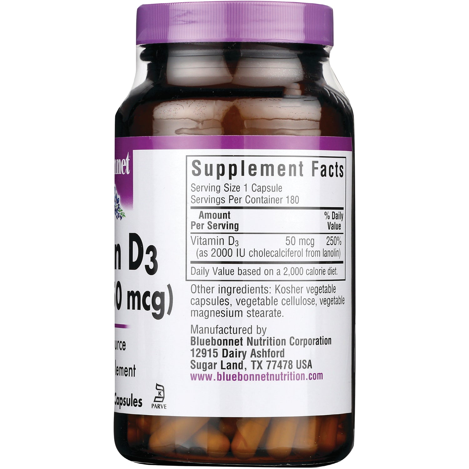 BLU129 | Back label showing Supplement Facts panel for Vitamin D3 50 mcg, other ingredients and manufacturer Bluebonnet Nutrition