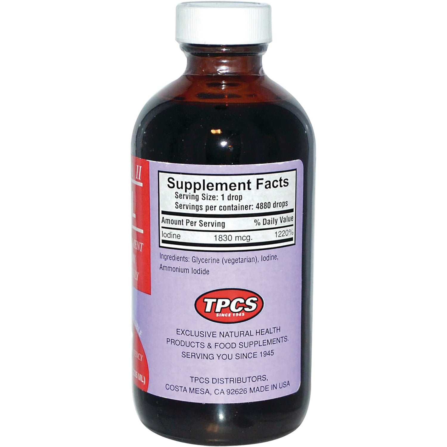 TPC002 | Back label with Supplement Facts for iodine liquid, serving size 1 drop; TPCS