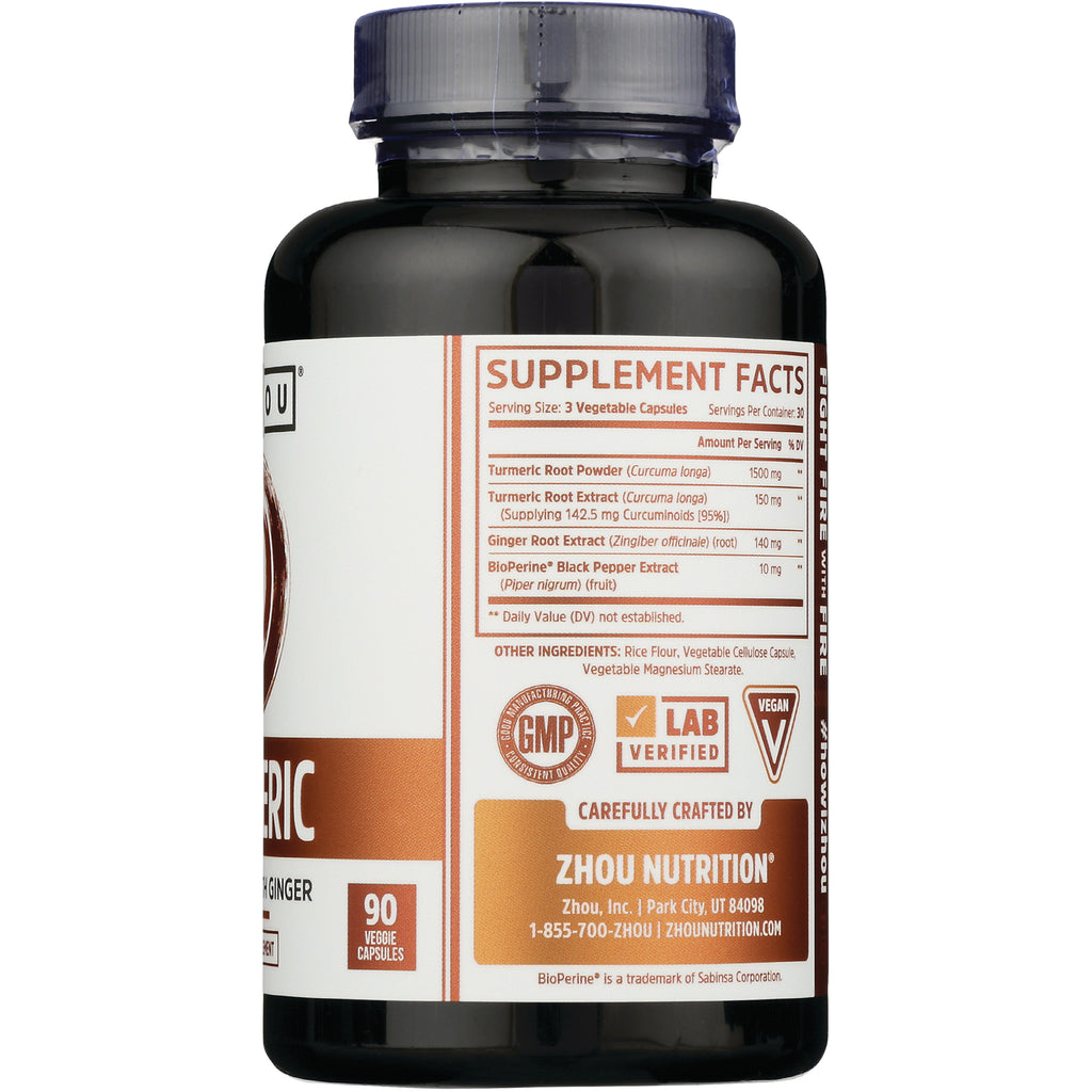 ZOU017 | Supplement Facts panel on Zhou Nutrition turmeric and ginger capsules bottle, 90 veggie capsules - Thumbnail