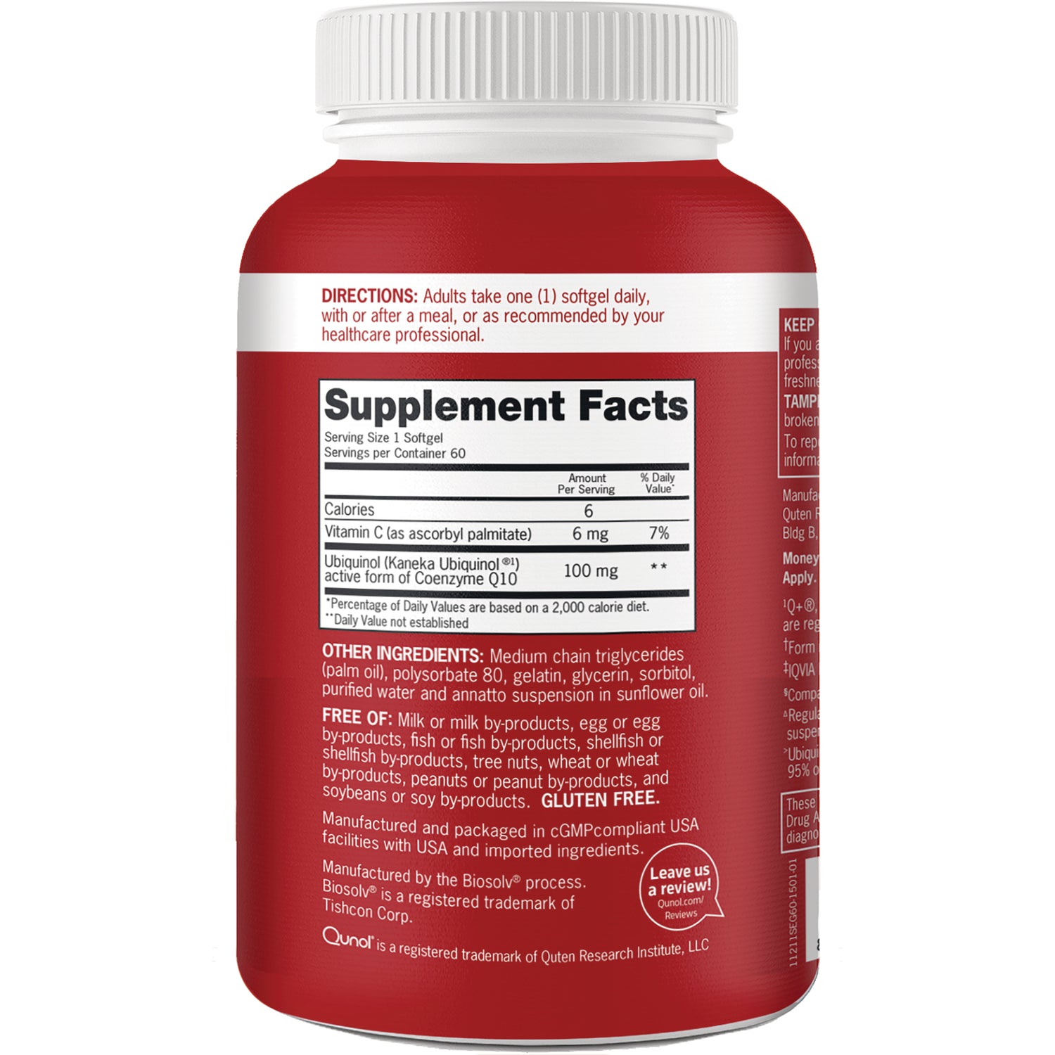 QNL003 | Supplement facts panel and ingredient text on back of red supplement bottle