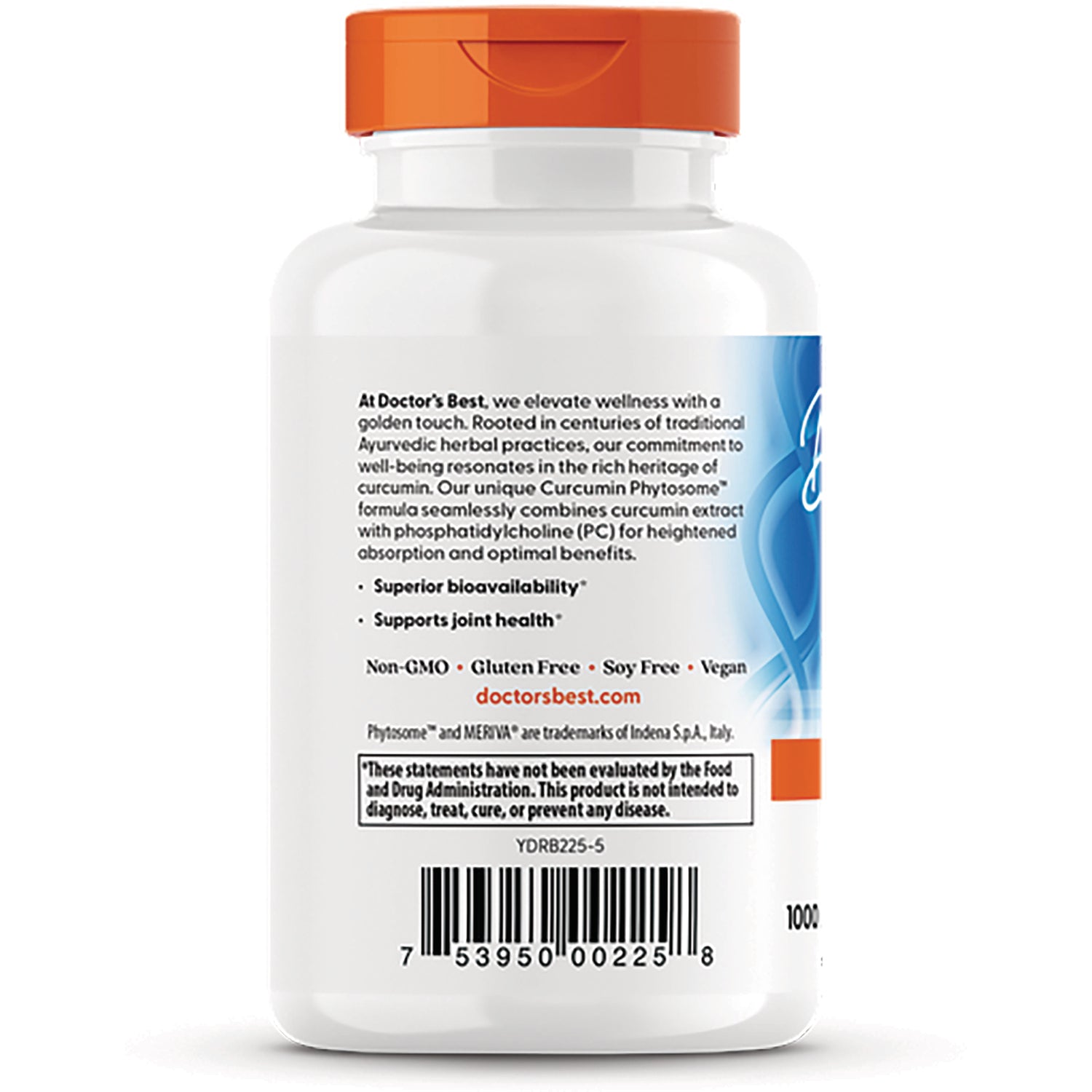 DB121 | Back of white supplement bottle showing label text, Non-GMO Gluten Free Soy Free icons and barcode
