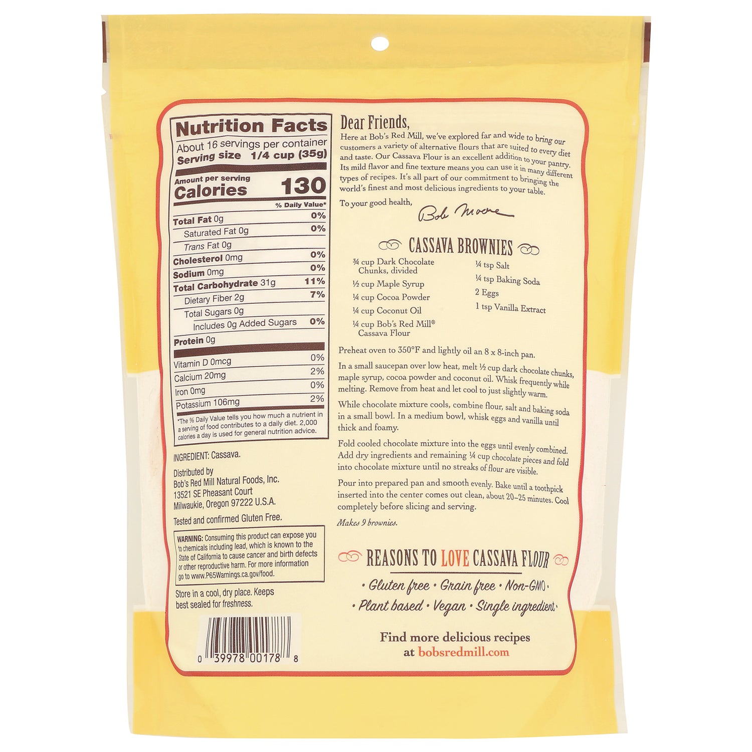 BOB269 | back of yellow cassava flour pouch showing nutrition facts, ingredient list, barcode and cassava brownies recipe